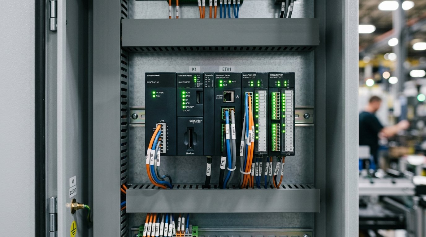 Schneider Electric Modicon PLC rack mounted in control enclosure