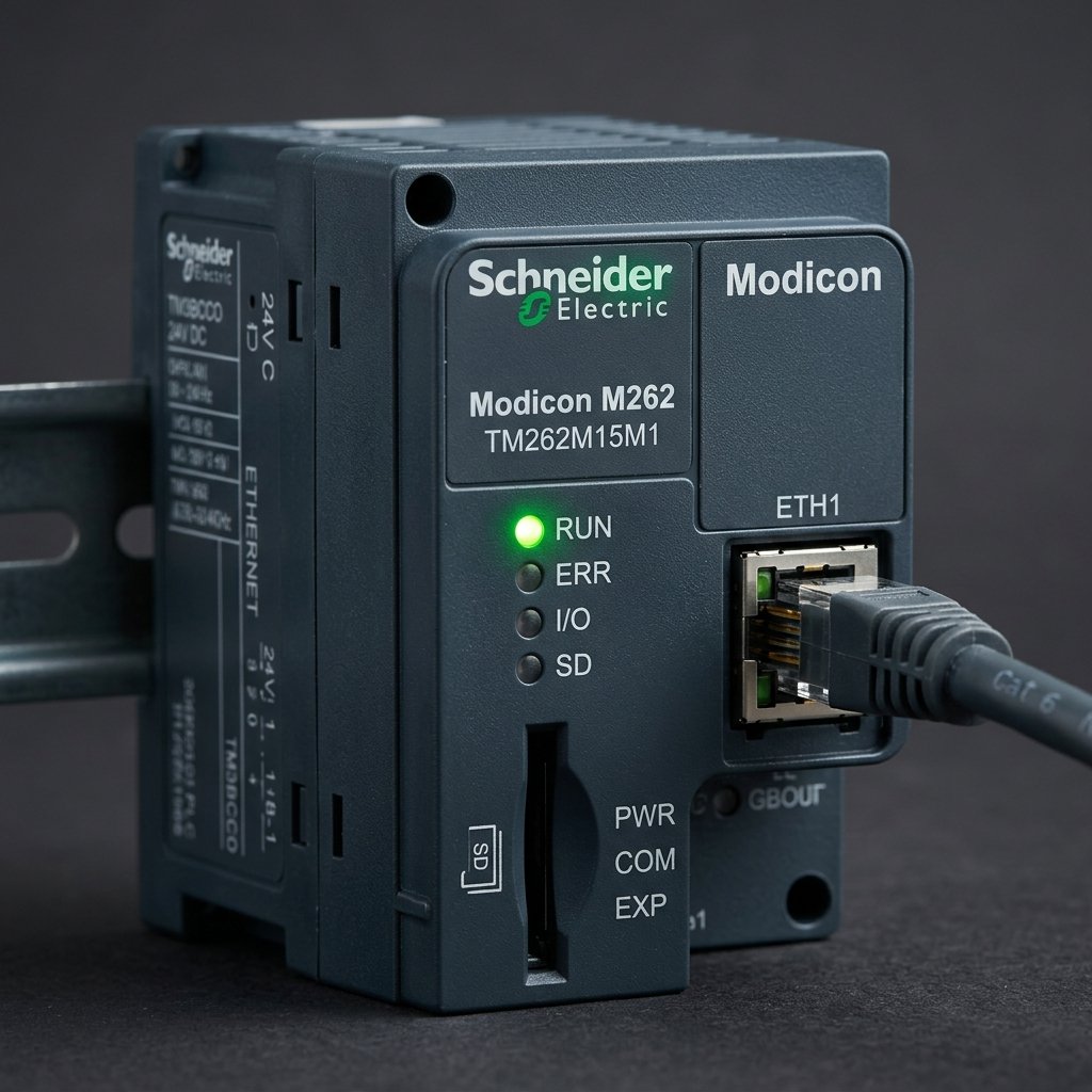 Detail macro photo of Schneider Electric Modicon M262 PLC module